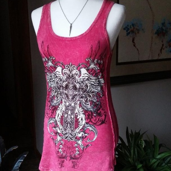 Vocal Tops - Vocal Hot Pink Embellished Angel Wing/Cross